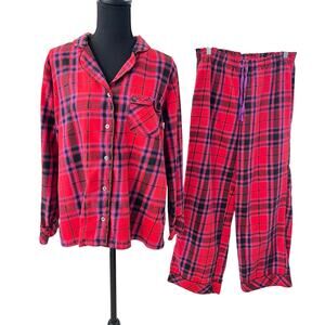 Victoria's Secret Red Purple Plaid Pajama Set Women's M Top Pants Gold Metallic